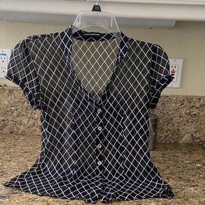 Express Navy and White Diamond Pattern Blouse